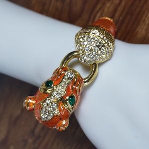 Orange/Gold Enamel Tiger Bracelet w/Crystal Accents